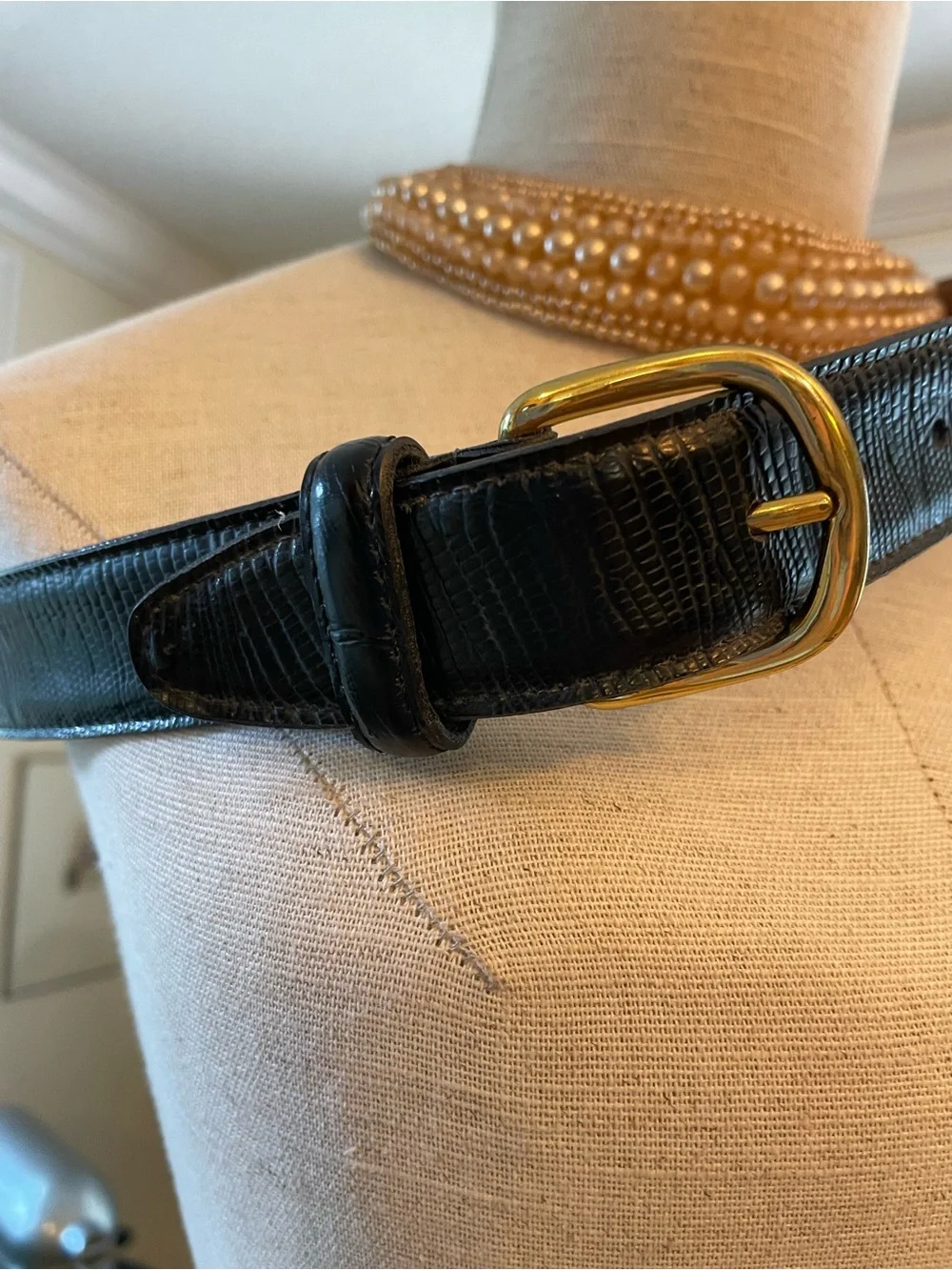 Vintage Black Lizard-Embossed Leather Belt with Brass Buckle